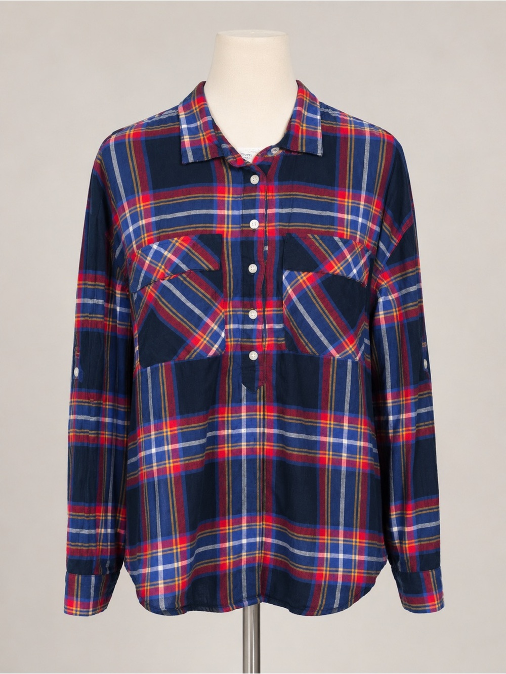 Old Navy Navy Plaid Button-Up with Red, Blue & Yellow Stripes